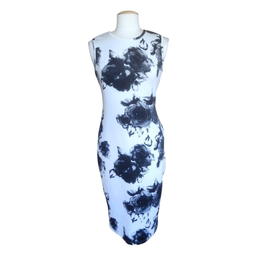 Venus Black and White Sleeveless Floral Midi Dress